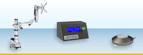 Zubehör für Sonation Labormöbel. Ein Monitorhalter, ein  Externes Display für APPS-Systeme und ein Öllecksensor